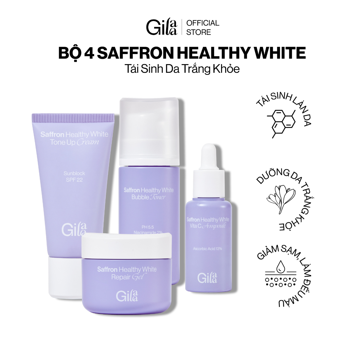 Bộ 4 sản phẩm dưỡng tái sinh da trắng khỏe gilaa saffron healthy white