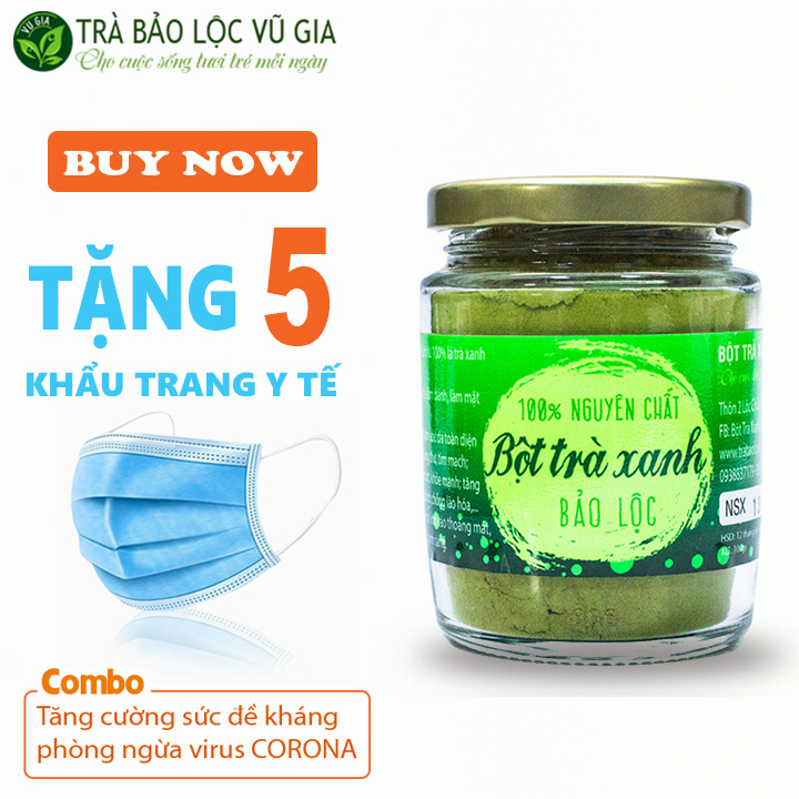Bột Trà Xanh Nguyên Chất Vũ Gia (100g/hũ) + Tặng 5 Khẩu Trang Y Tế - Hỗ trợ làm đẹp, dưỡng da, đắp mặt nạ chống lão hóa - Đã được kiểm nghiệm y tế