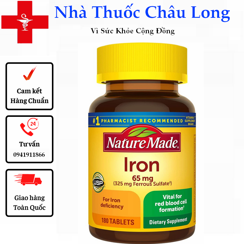 Viên uống bổ máu và bổ sung sắt nature made iron 65mg - mẫu mới