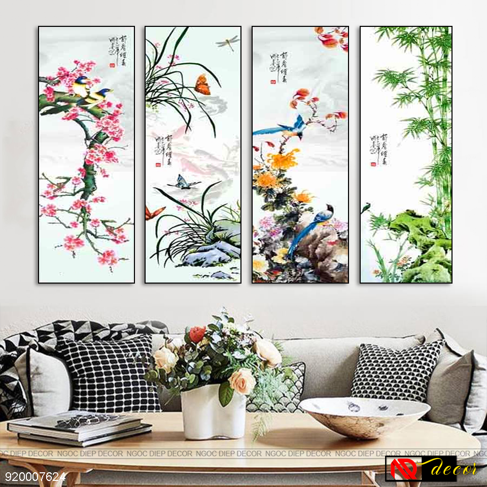 Tranh treo tường 3D Tứ quý tùng cúc trúc mai TQ907624, tấm tranh đặc dày 1cm in sắc nét bo viền cao cấp, kèm đinh treo 3 chân