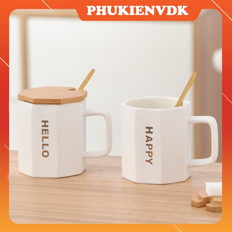 Ly cốc sứ có nắp in chữ tinh tế Cốc quà tặng lưu niệm