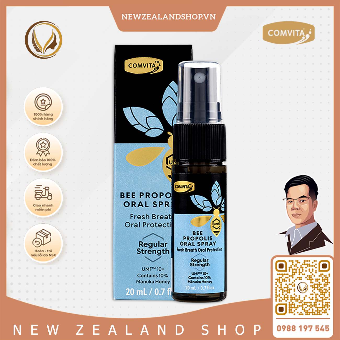 Xịt họng keo ong Comvita Bee Propolis Oral Spray Regular Strength 20ml