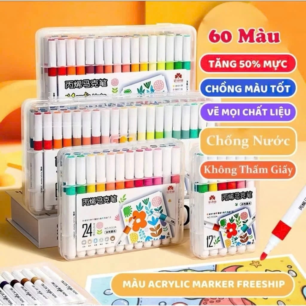 Set 48 màu ACRYLIC Marker ĐẦU NHỌN CHỐNG THẤM NƯỚC Không Vẽ Lên Đồ Vật Nhẵn lau được khi dính lên da