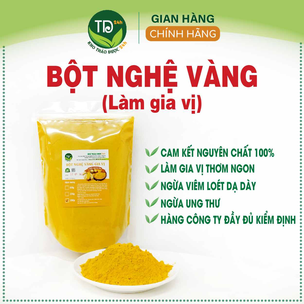 [1kg] Bột nghệ vàng nguyên chất 100%, chuyên làm gia vị, tạo màu và mùi cho món ăn thơm ngon, hàng công ty, giá tốt, đầy đủ kiểm định | Kho thảo dược 24h