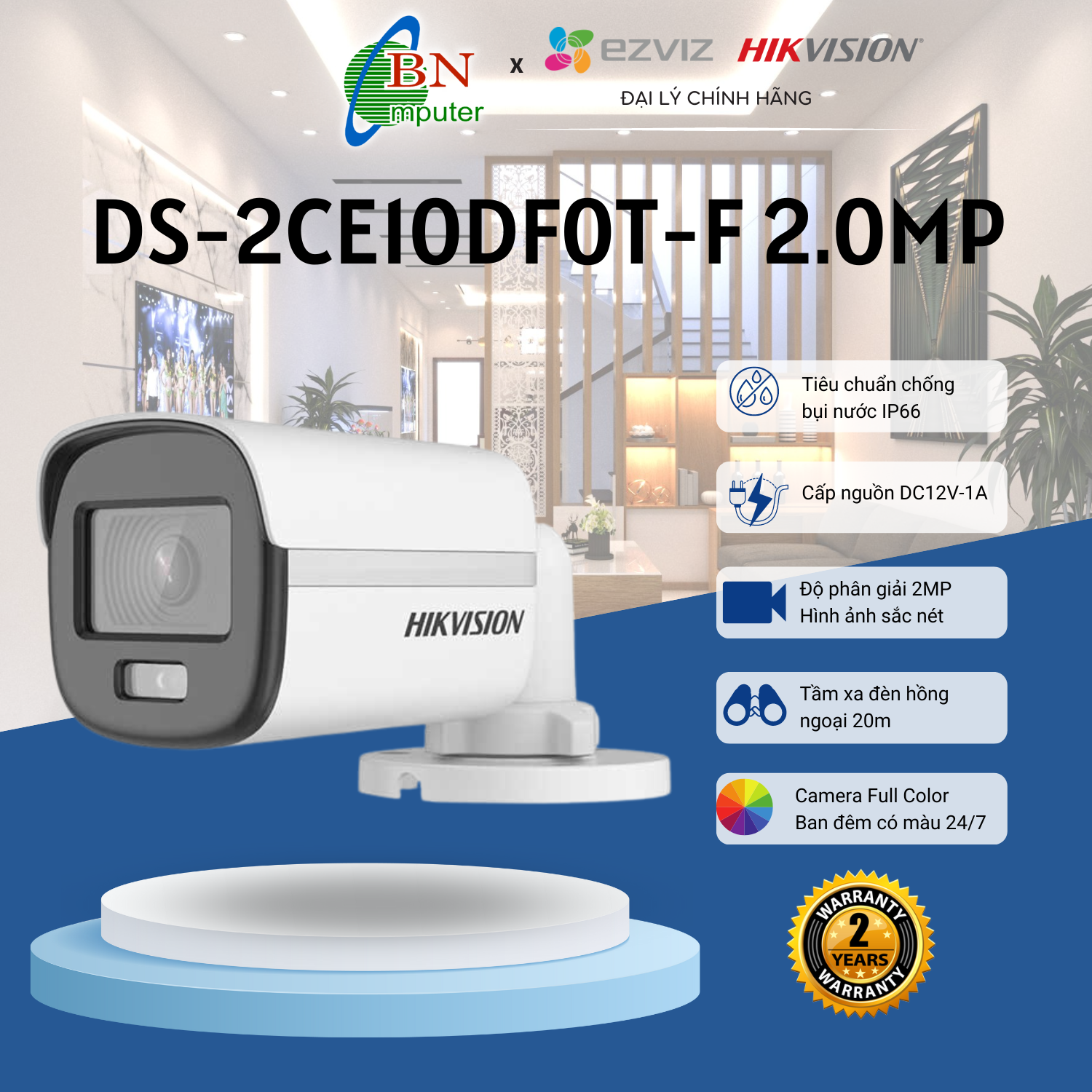 Camera quan sát Hikvision DS-2CE10DF0T-F Color Vu, camera hình trụ có màu ban đêm