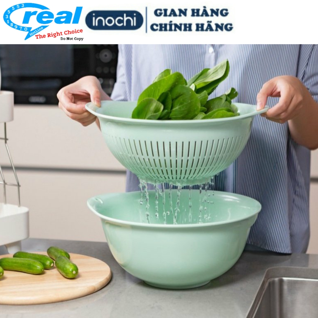Bộ thau rổ nhựa cao cấp inochi YOKO ,thau kèm rổ ,thau rổ quay rau