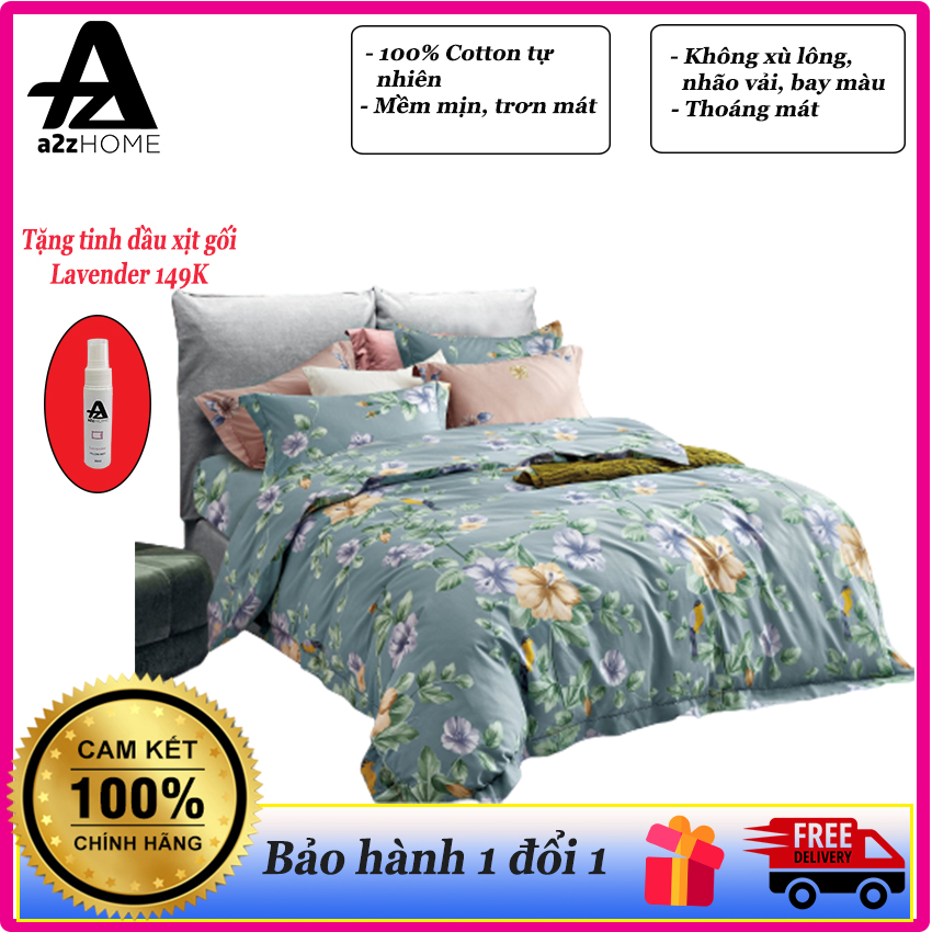 Bộ ga giường 4 món bird flower 100% cotton cao cấp - a2z home - tặng tinh dầu xịt gối lavender 30ml cao cấp 149k