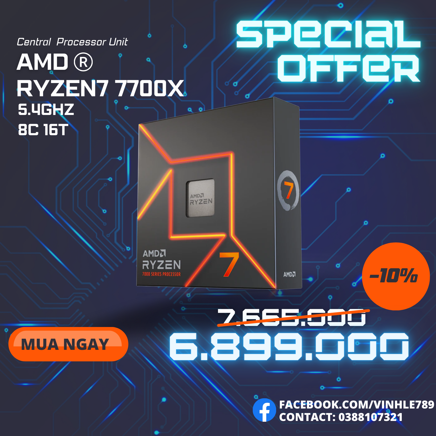 CPU AMD Ryzen 7 7700X  4.5GHz Boost 5.4GHz 8 nhân 16 luồng 40MB AM5 NEW