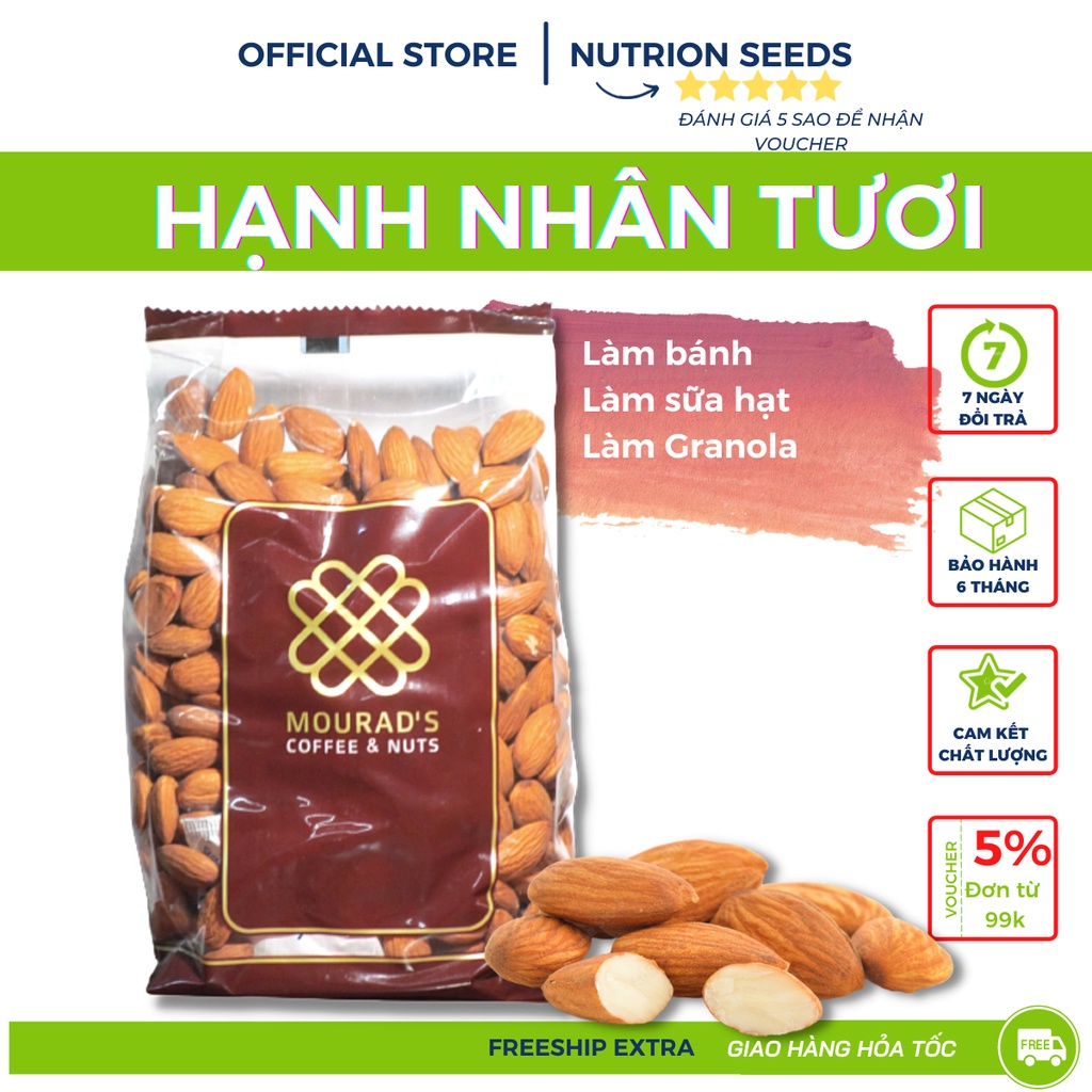 [HCM]Hạt hạnh nhân sống / hạnh nhân sấy đã tách vỏ Úc Mourads 500 g để làm sữa  làm bánh
