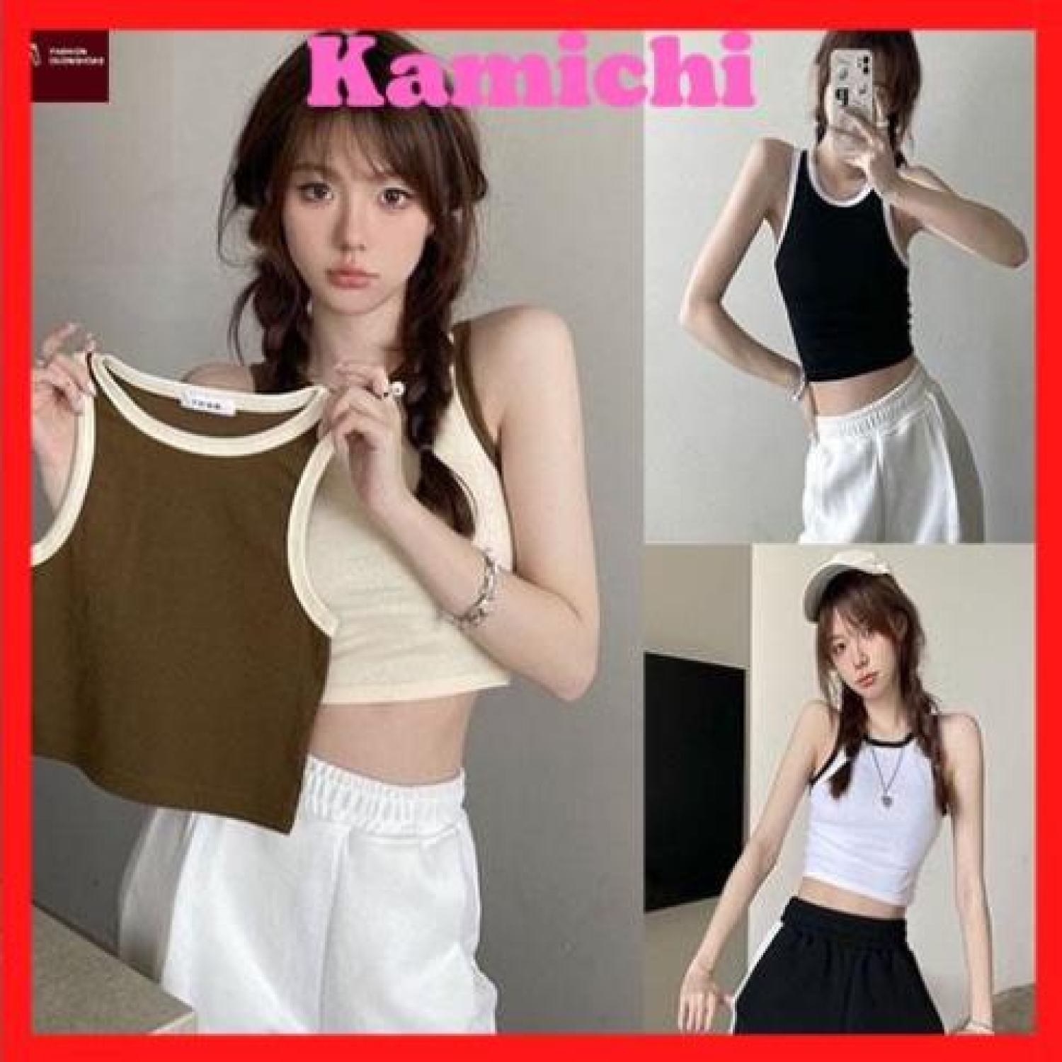 Áo croptop ba lỗ phối viền basic trơn nữ thun gân kiểu ôm body kamichi
