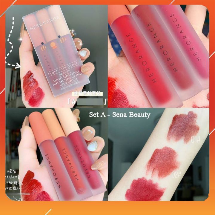 [HOT TREND 2021] Set Son Herorange 3 Cây Siêu Xinh | Set 3 cây Son Kem Lì Trang Điểm Xinh Xắn Thương Hiệu Herorange Son Môi Lì không trôi - Set 3 Cây Son Kem Lì Herorange Fluffy Lip Glaze dq8