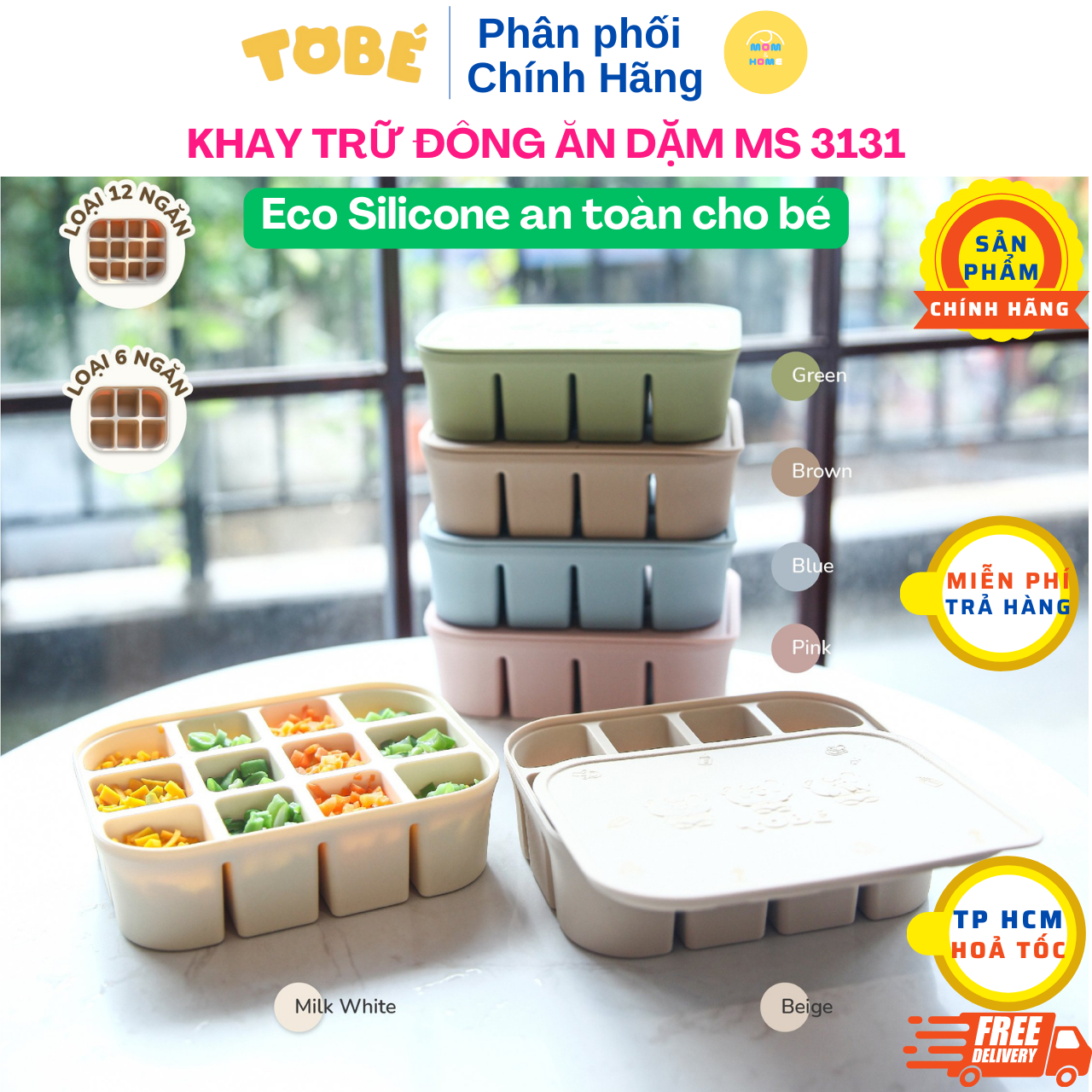 Khay trữ đông thức ăn dặm TOBÉ chất liệu Eco silicone an toàn cho bé MS 3131 Loại 6 ngăn và 12 ngăn - Mom and Home