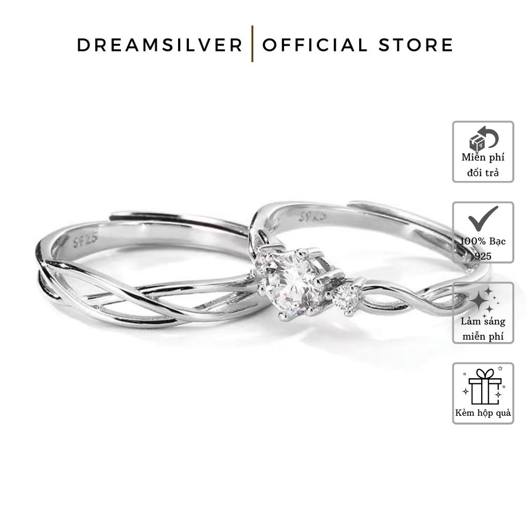 Nhẫn Đôi Bạc Dreamsilver Đính Kim Cương Moissanite Nhân Tạo Prince & Princess Đủ Giấy Kiểm Định ND018