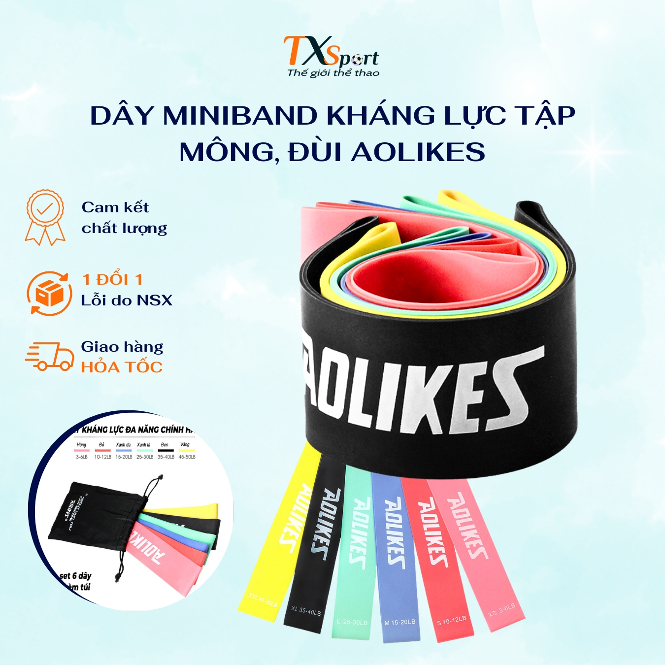 Dây Kháng Lực, Bộ 6 Dây Mini Band Cao Su Kháng Lực Tập Gym Yoga Chân Mông Aolikes AL3601 Nhà TXsport