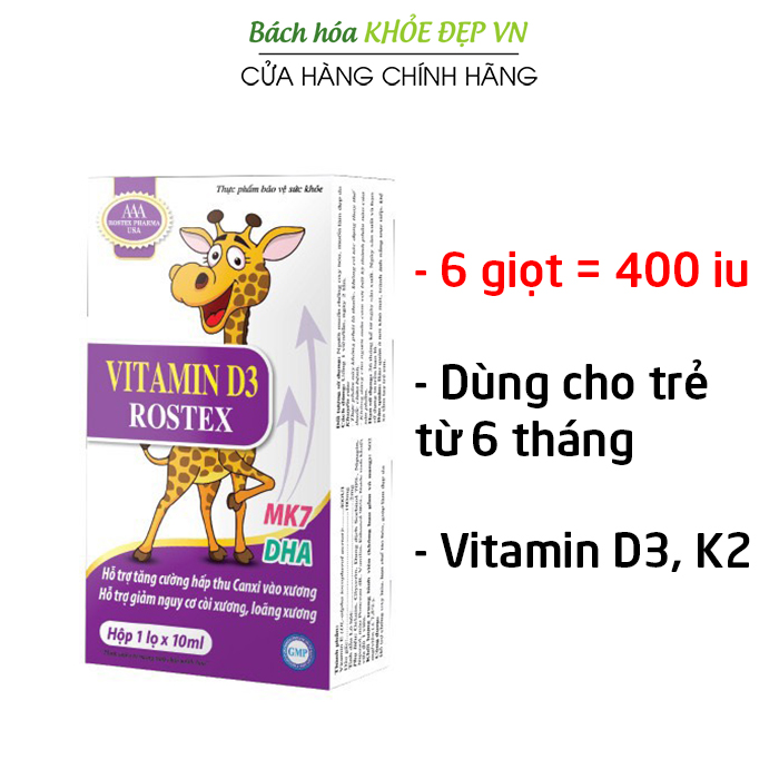 Tinh chất Vitamin D3 K2 MK7 400iu chỉ với 6 giọt giúp chắc khỏe xương răng, tăng cường hấp thu canxi cho bé từ 6 tháng  - Chai 10ml