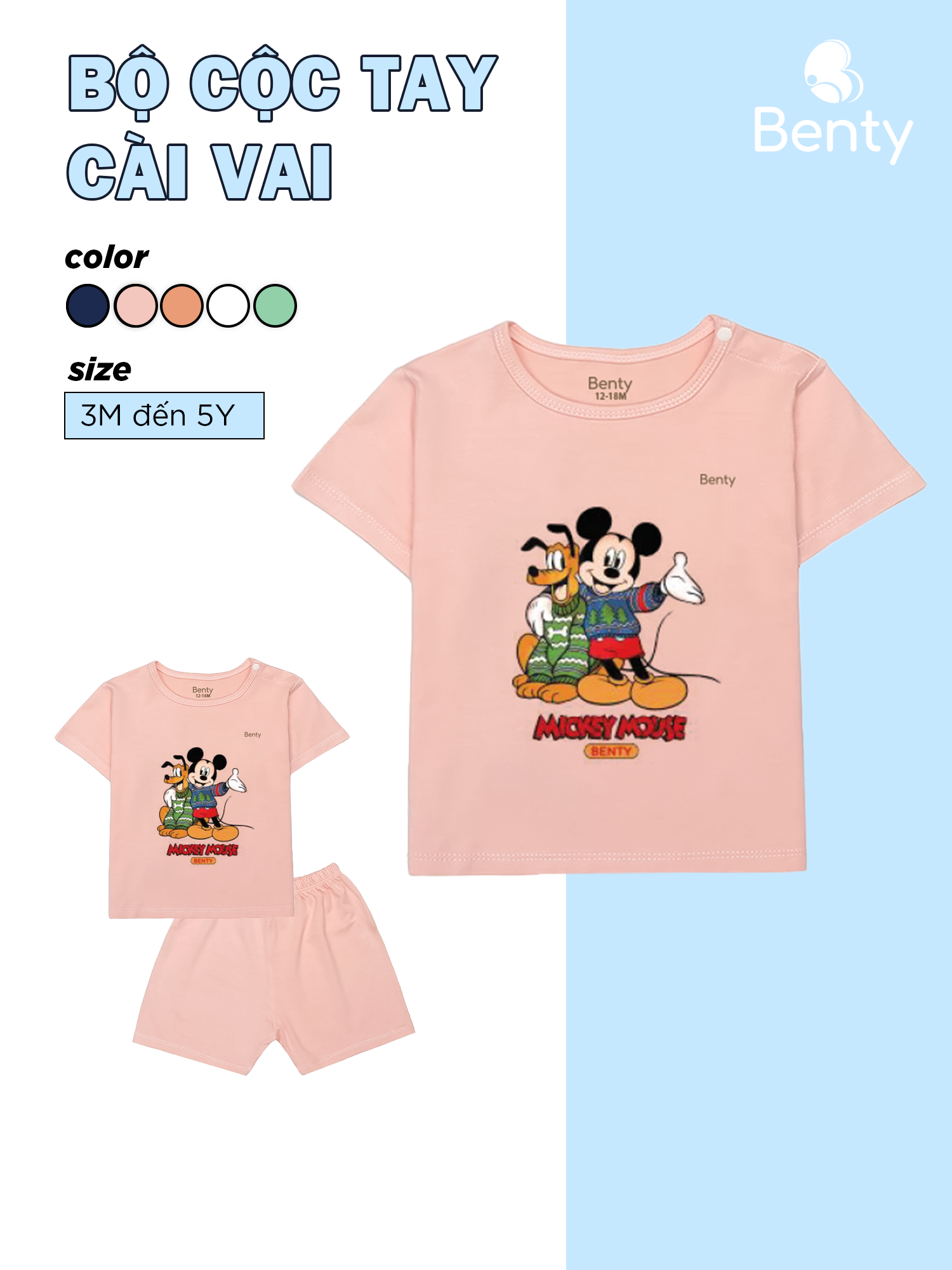  Bộ cộc tay cài vai in hình Mickey BT062 chất vải mềm mịn đồ bộ trẻ em cao cấp bé trai bé gái 