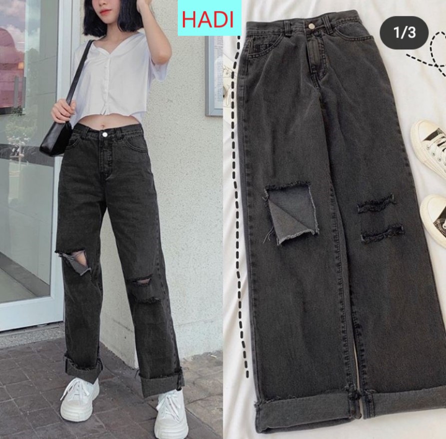 [ HÙNG HỔ!! ] QUẦN JEAN NỮ KIỂU QUẦN JEAN ỐNG RỘNG NỮ MÀU XÁM HADI LƯNG CAO RÁCH VẠT PHẢI, 2 SỌC GỐI TRÁI SIÊU CÁ TÍNH CUTE HẾT NẤT