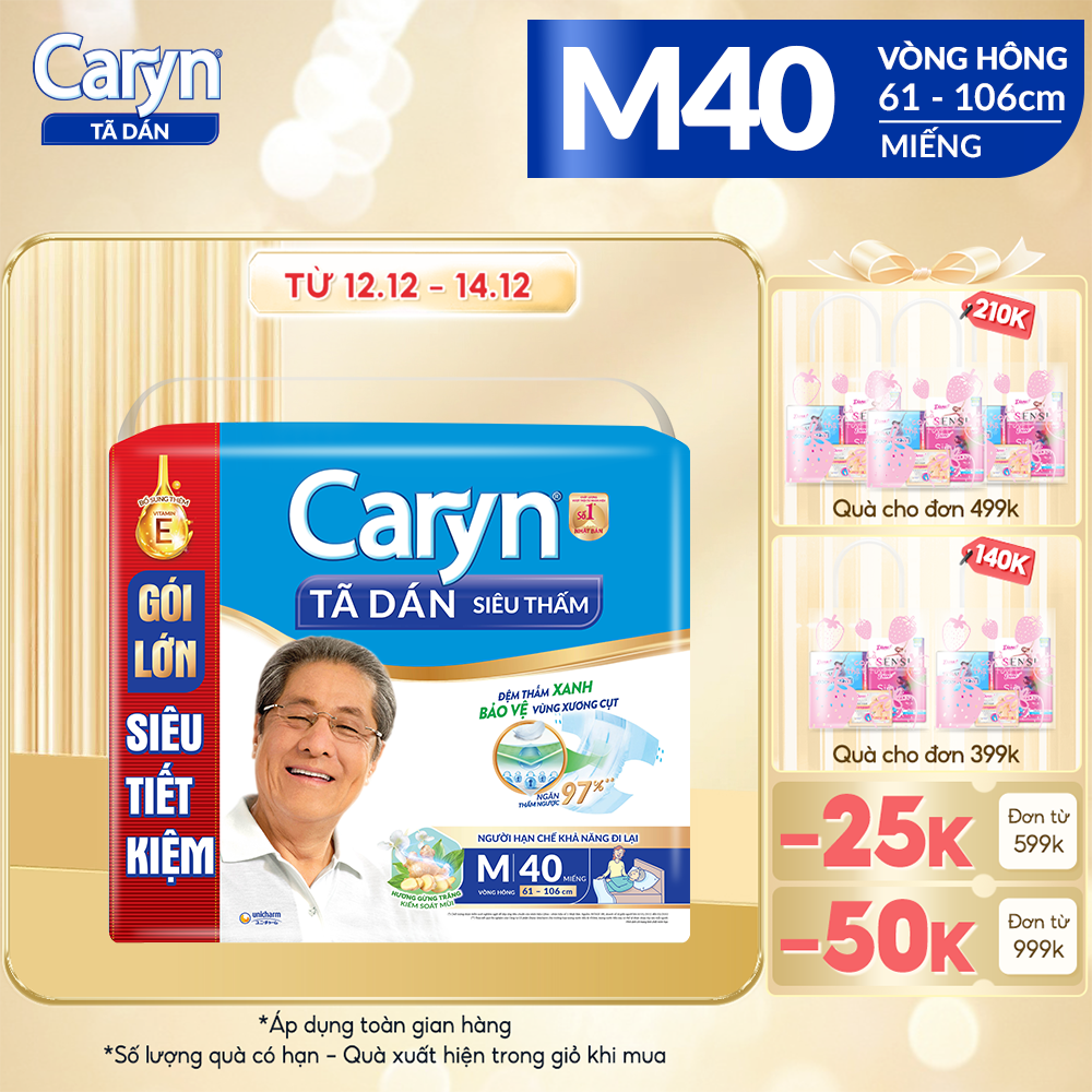 Tã Dán Người Lớn Caryn Siêu Thấm Size M - 40 Miếng Gói Tiết Kiệm Dành Cho Người Hạn Chế Khả Năng Đi Lại
