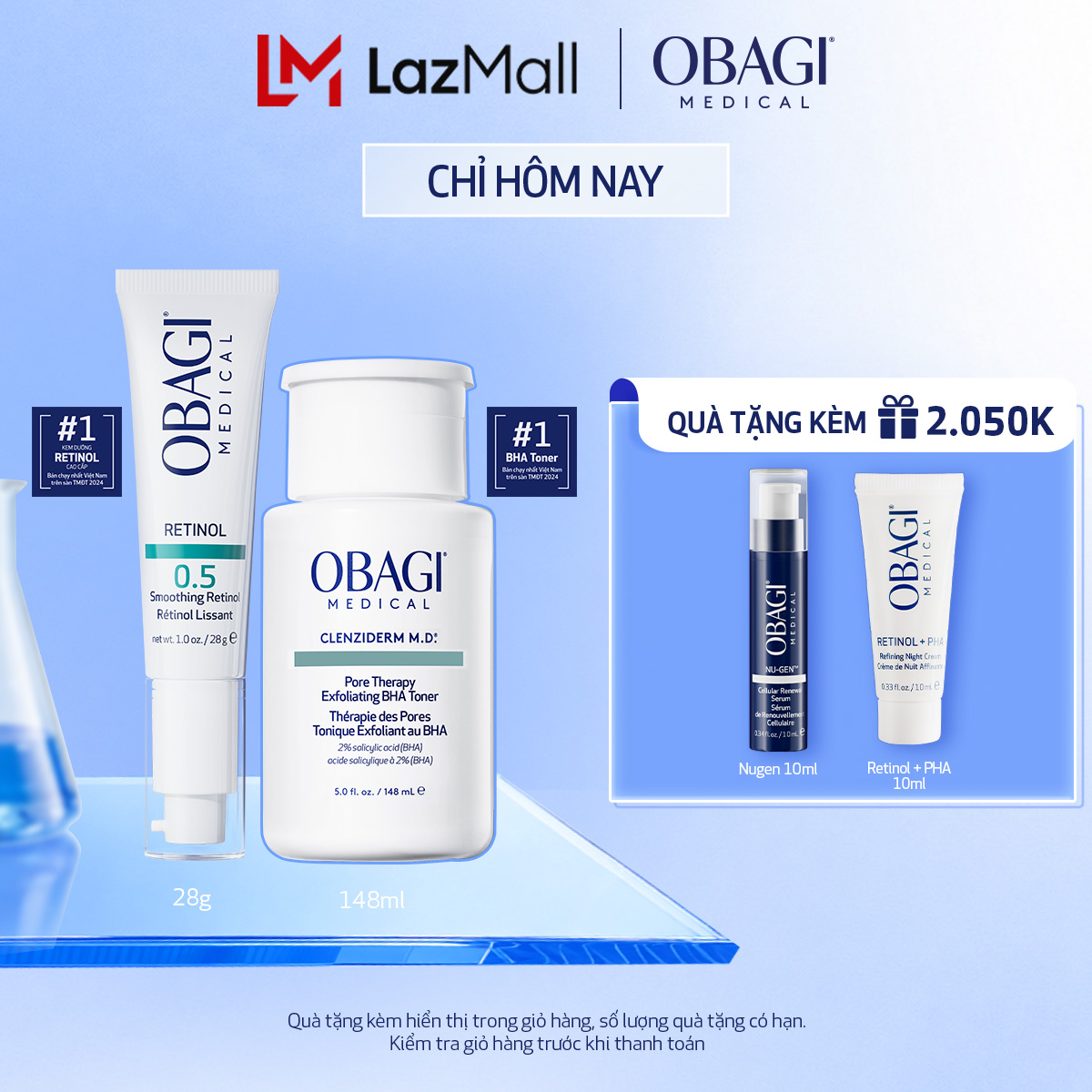 [Phiên bản mới] Bộ đôi dưỡng da Toner BHA làm sạch mụn và tẩy tế bào chết Obagi Medical Clenziderm M.D 148ml và Kem Chống Lão Hóa  Tái Tạo Da Obagi 360 Retinol 0.5 28g