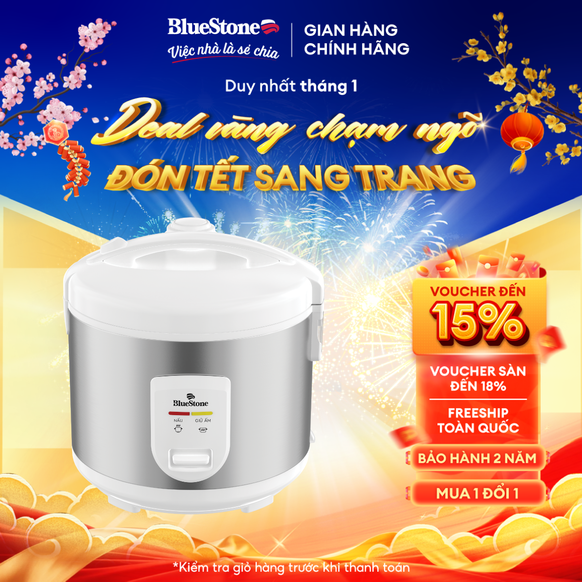 Nồi Cơm Nắp Gài BlueStone RCB-5527 - 1,8 lít - 700W Lòng dày 1,5mm