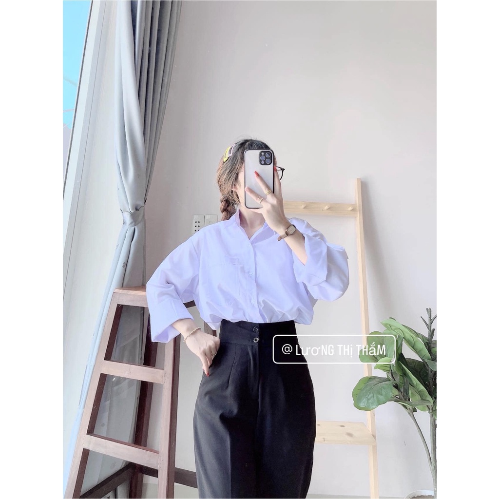 Áo sơ mi trắng trơn tay dài 1 túi ulzang basic