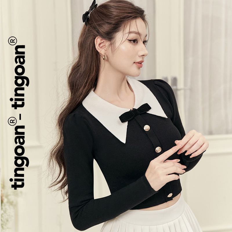 Tingoan® - áo len đen dáng lửng dài tay vai bồng đen cổ bẻ đính nơ cổ sofia top/bl