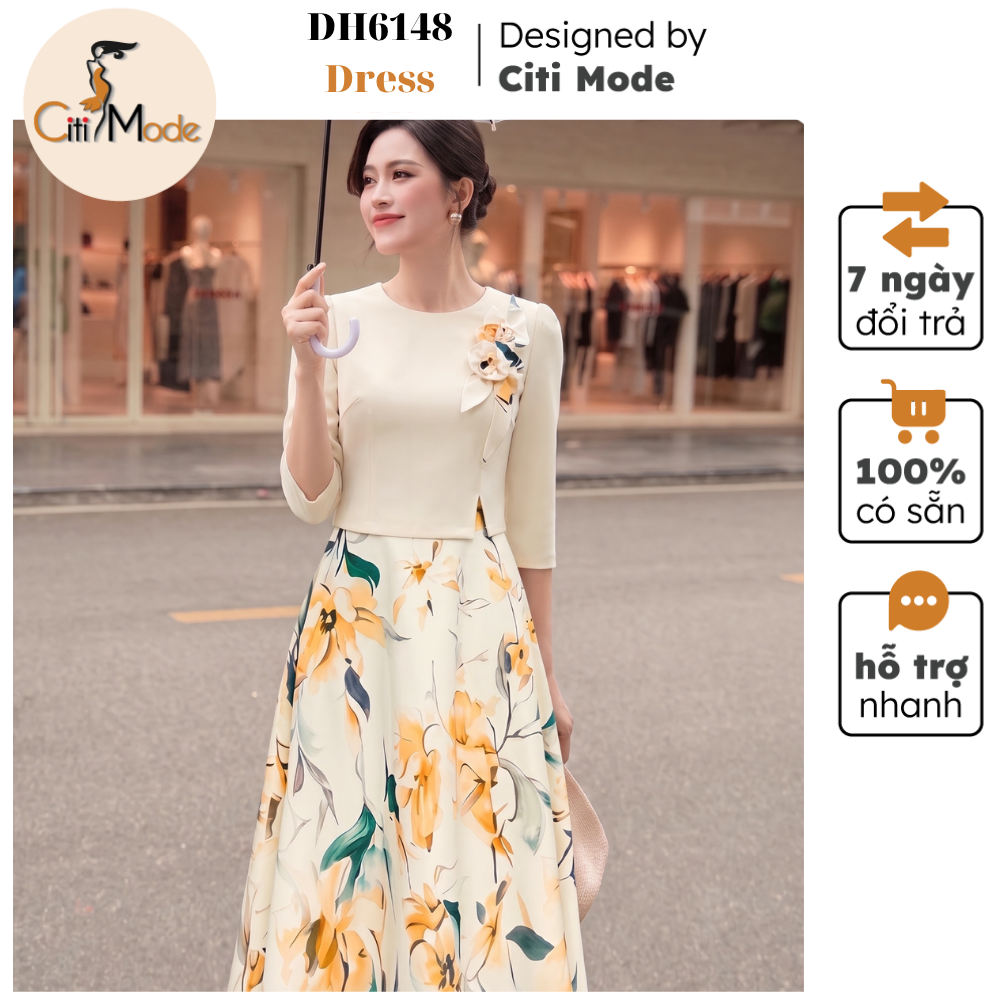 Citi Mode Fashion Office Dress Designed with a Set of Faux Floral Flared Dresses with Cream-Colored Sleeves and Round Neck with Floral Embellishments Dh6148