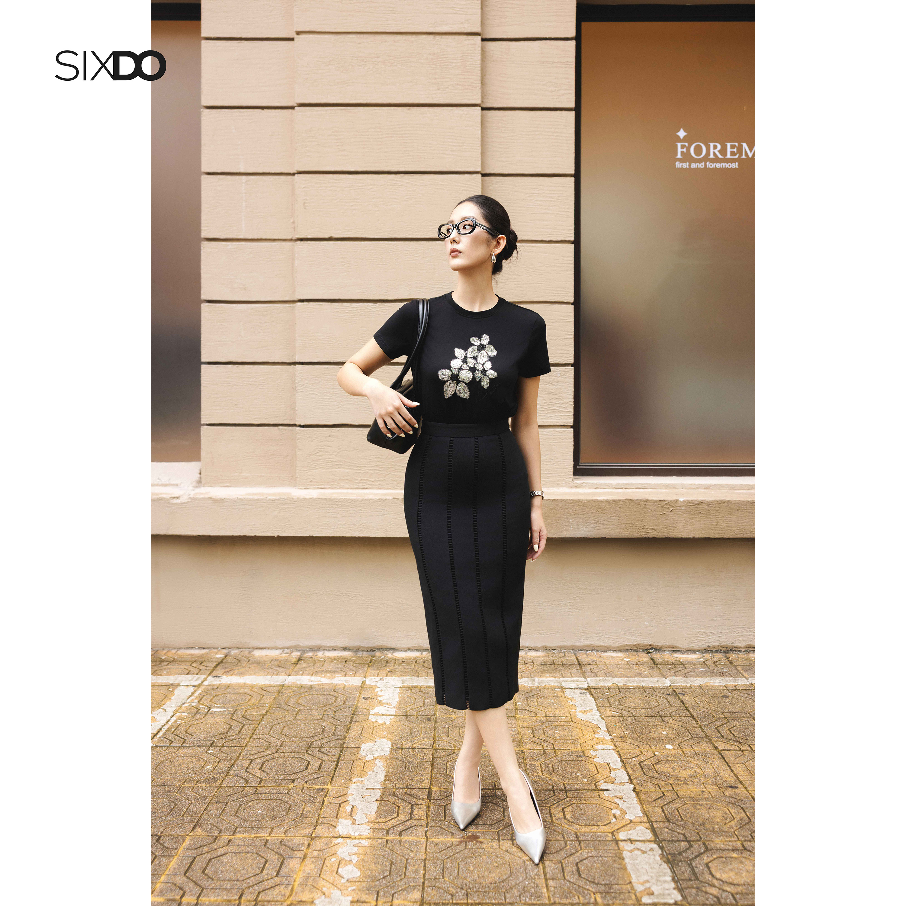  Chân váy bút chì 2 lớp đen dáng dài SIXDO  Black Raw Pencil Skirt  