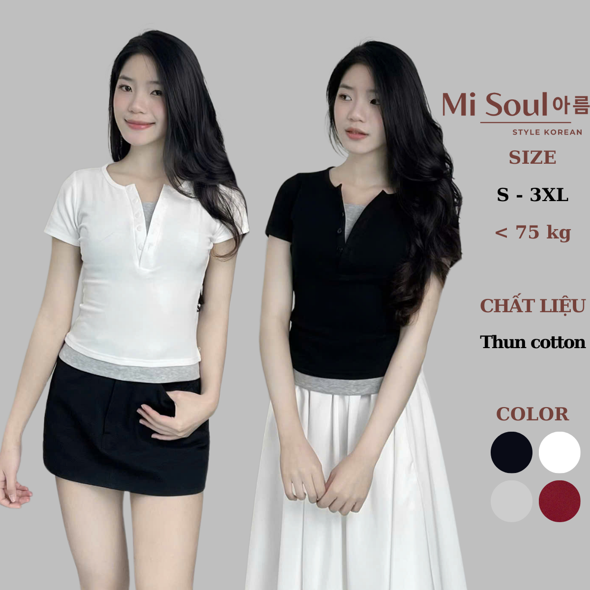 Áo Thun Cotton Cộc Tay Cổ Trụ Phối 2 Lớp Điệu Đà Form Ôm BigSize MiSoul, Áo Thun Phối Basic 381