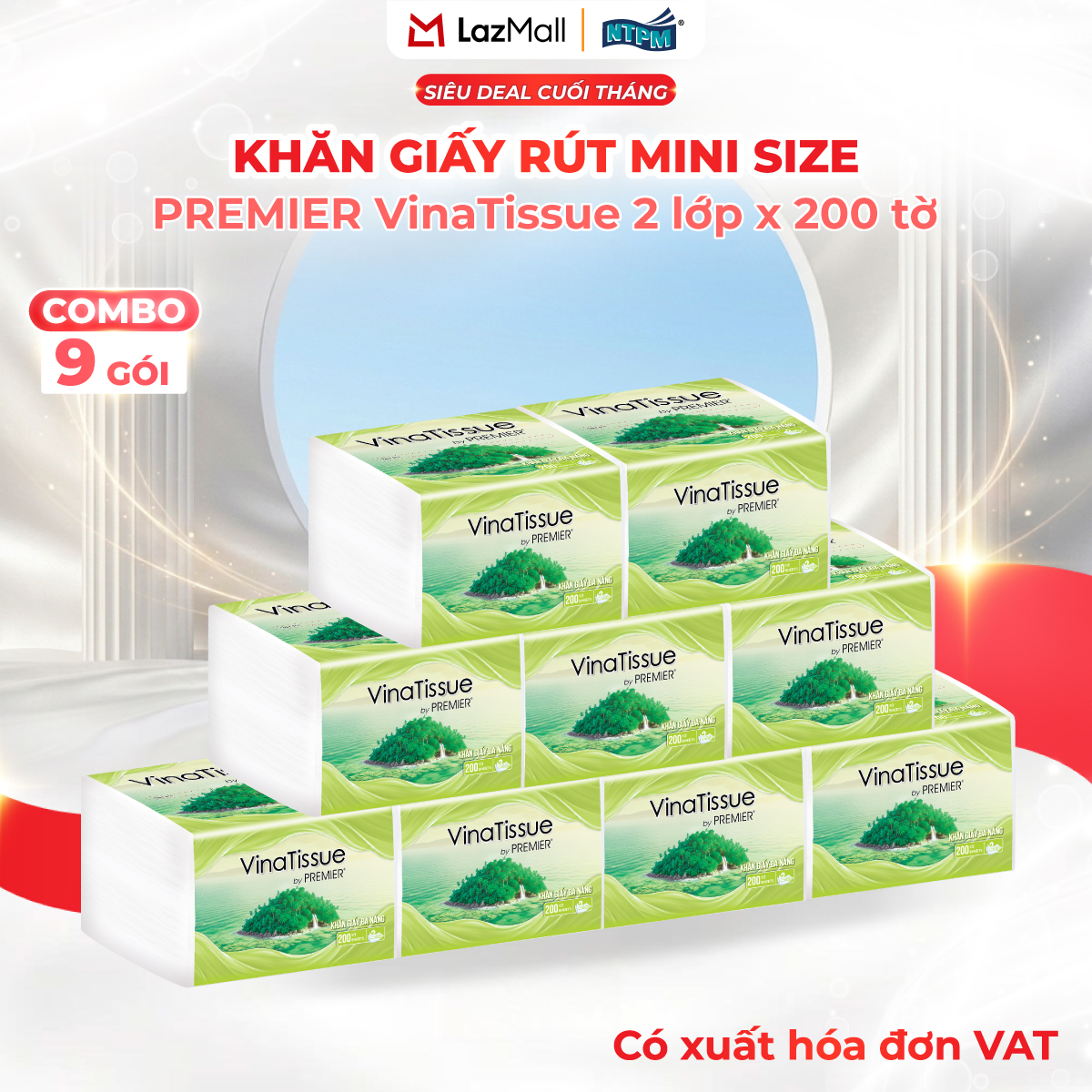 [COMBO 9 GÓI] Khăn giấy rút đa năng PREMIER VinaTissue, 2 lớp - 100% bột giấy nguyên sinh, không chất tẩy, 200 tờ/gói – Chính hãng