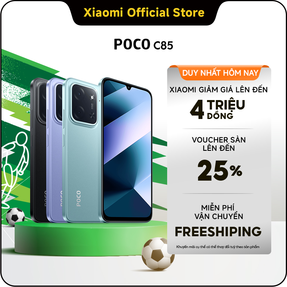 POCO C85 | Pin khủng 6000mAh (typ) | Lên đến 22 giờ xem video | Màn hình lớn 6.9"sống động | Tốc độ làm mới cao lên đến 120Hz | Sạc nhanh 33W | Pin đạt 50% sau 31 phút sạc | Vi xử lý tám nhân mạnh mẽ | Camera kép AI 50MP sắc nét