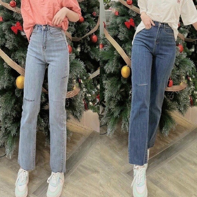 Quần bò jean ống rộng, quần jeans nữ ống đứng rách cạp cao co dãn