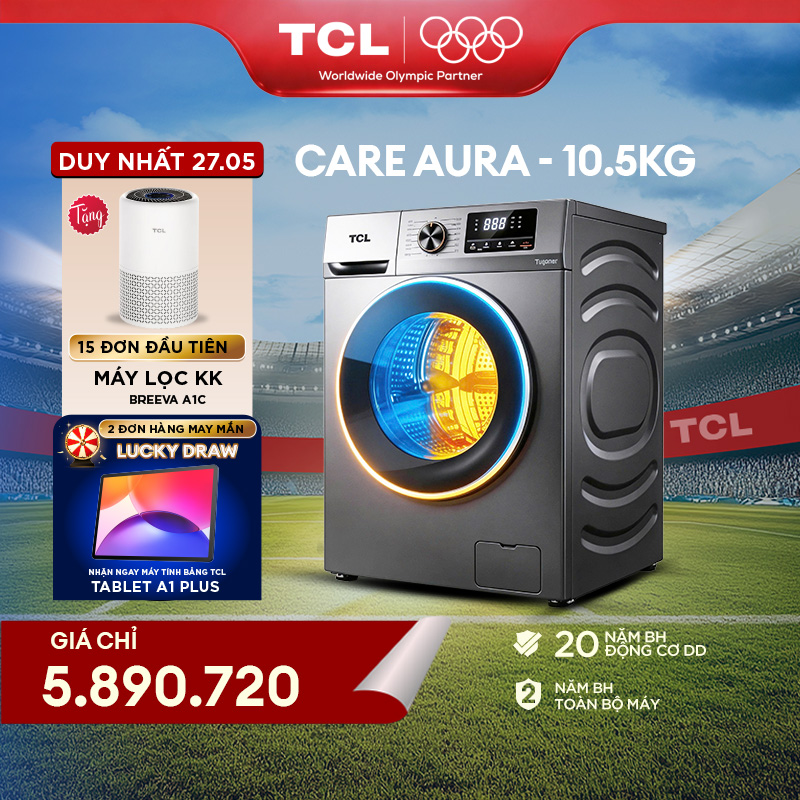 【DUY NHẤT 27.05 GIÁ TỐT 5.8XXK TẶNG 15 MÁY LỌC KHÍ CHO CÁC DÒNG MÁY GIẶT - SẤY  MÁY LẠNH - FREE LẮP ĐẶT CƠ BẢN TOÀN QUỐC】Máy giặt sấy TCL Care Aura 10.5KG - Động Cơ DD Inverter Cao Cấp - TCL TWD105-P122DG - Máy Giặt Sấy Cửa Trước