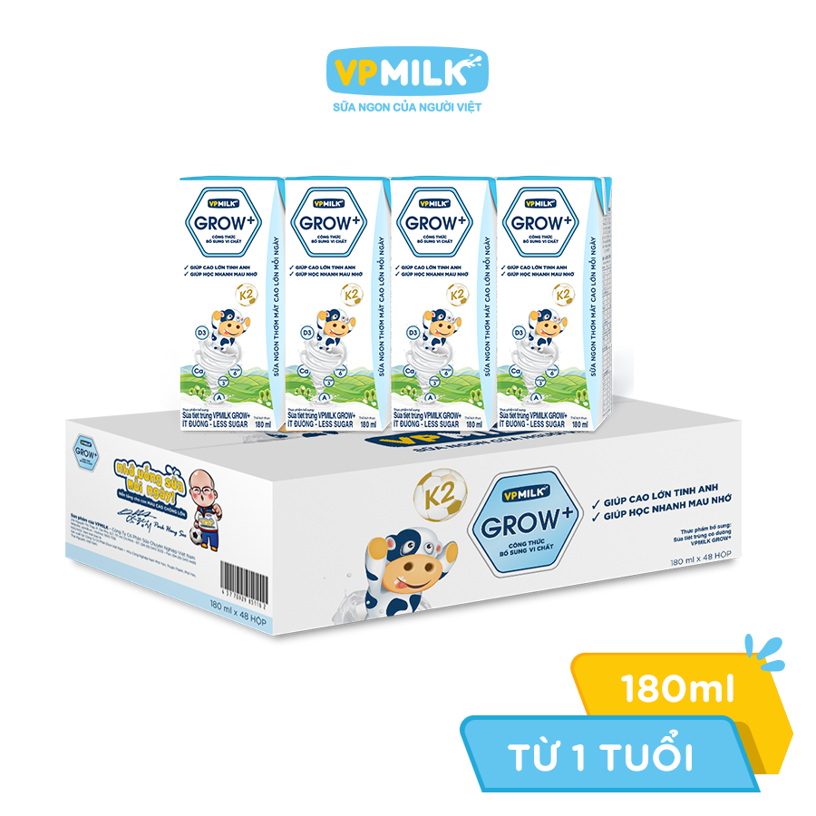 [Thùng 48 Hộp 180ml] Sữa Tiệt Trùng VPMilk Grow+ Ít Đường Cho Bé Từ 1 Tuổi