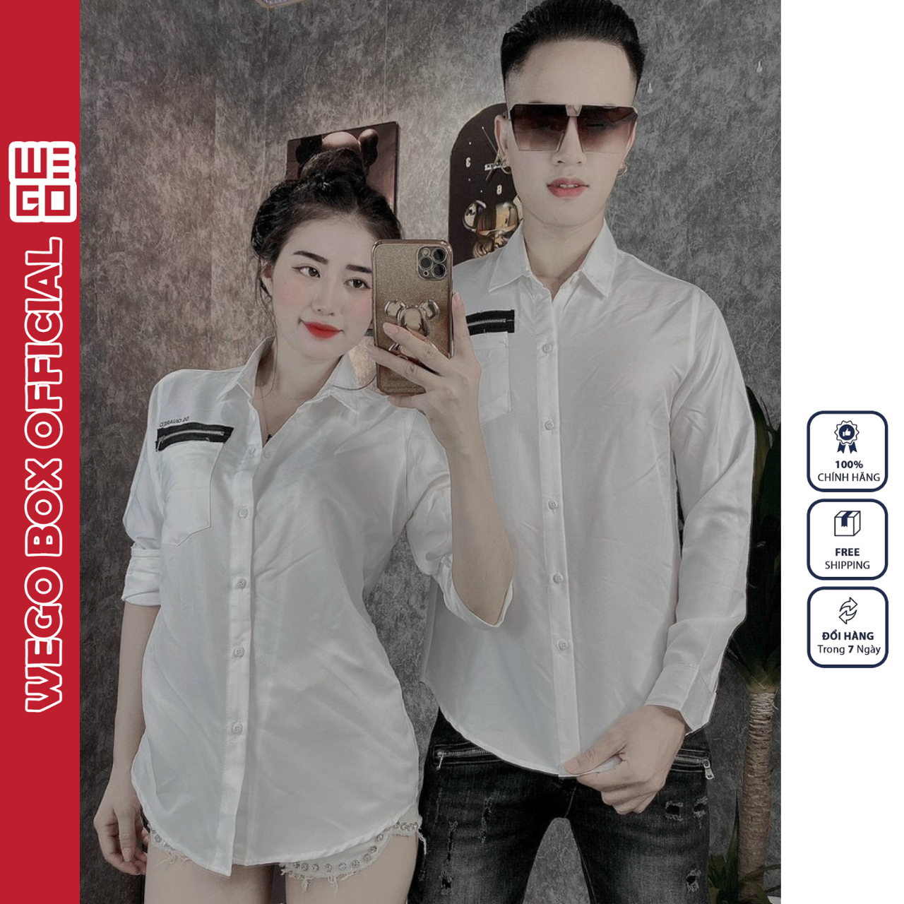 Áo sơ mi nam nữ tay dài vải lụa phối túi, áo sơ mi tay dài vải lụa mềm mát phối khóa kéo thiết kế sang trọng, thanh lịch wego box