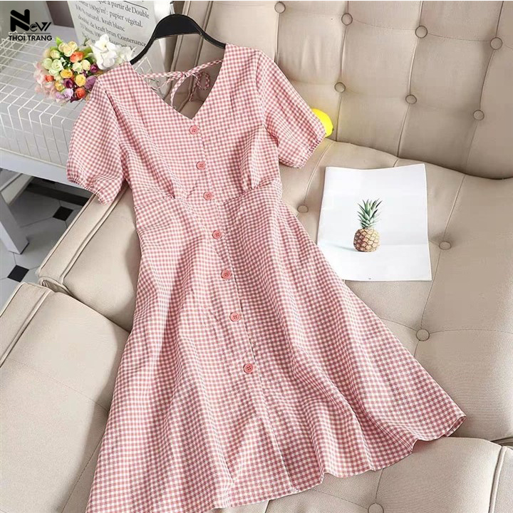 [HCM]Đầm Caro Cổ Tim Thắt Dây - New Thoi Trang