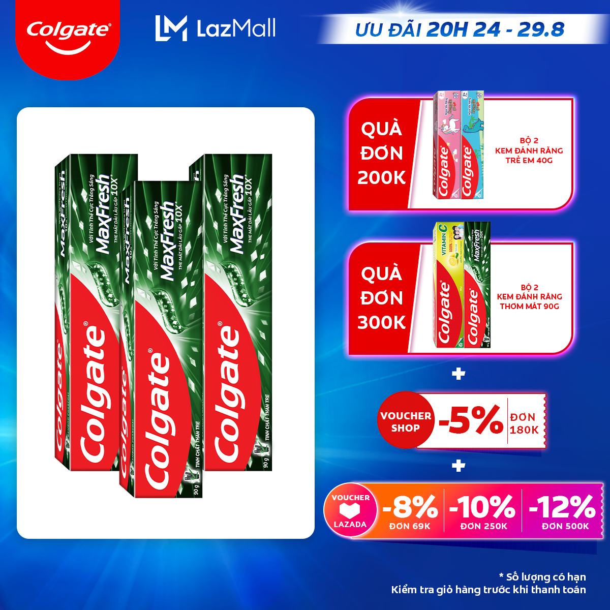 Bộ 3 Kem đánh răng hơi thở thơm mát và làm trắng răng Colgate Maxfresh Bamboo Charcoal 90g