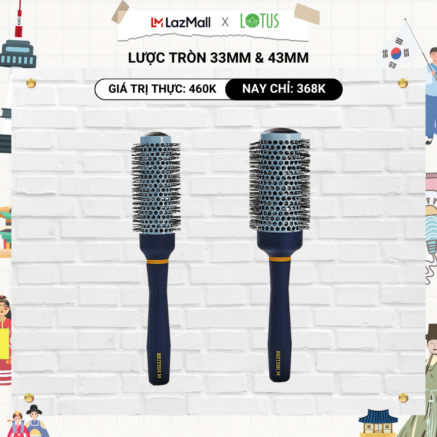 Lược tròn tạo phồng, sấy tạo kiểu cao cấp Hàn Quốc cho nam nữ BRITISH M Hot Curling Ceramic Brush