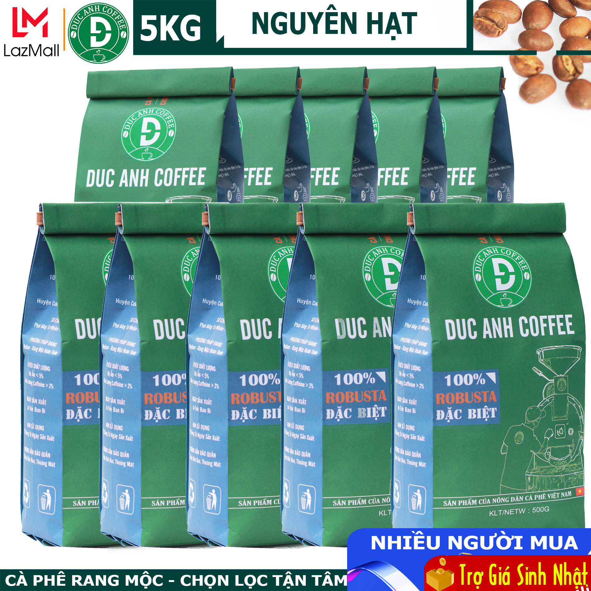 [Có Ship Hỏa Tốc][GIÁ SỈ] 5kg cà phê Hạt rang mộc 100% Robusta Đặc Biệt túi xanh dùng pha máy hoặc pha phin - DUC ANH COFFEE - cafe Đức Anh - cafe hạt rang mộc