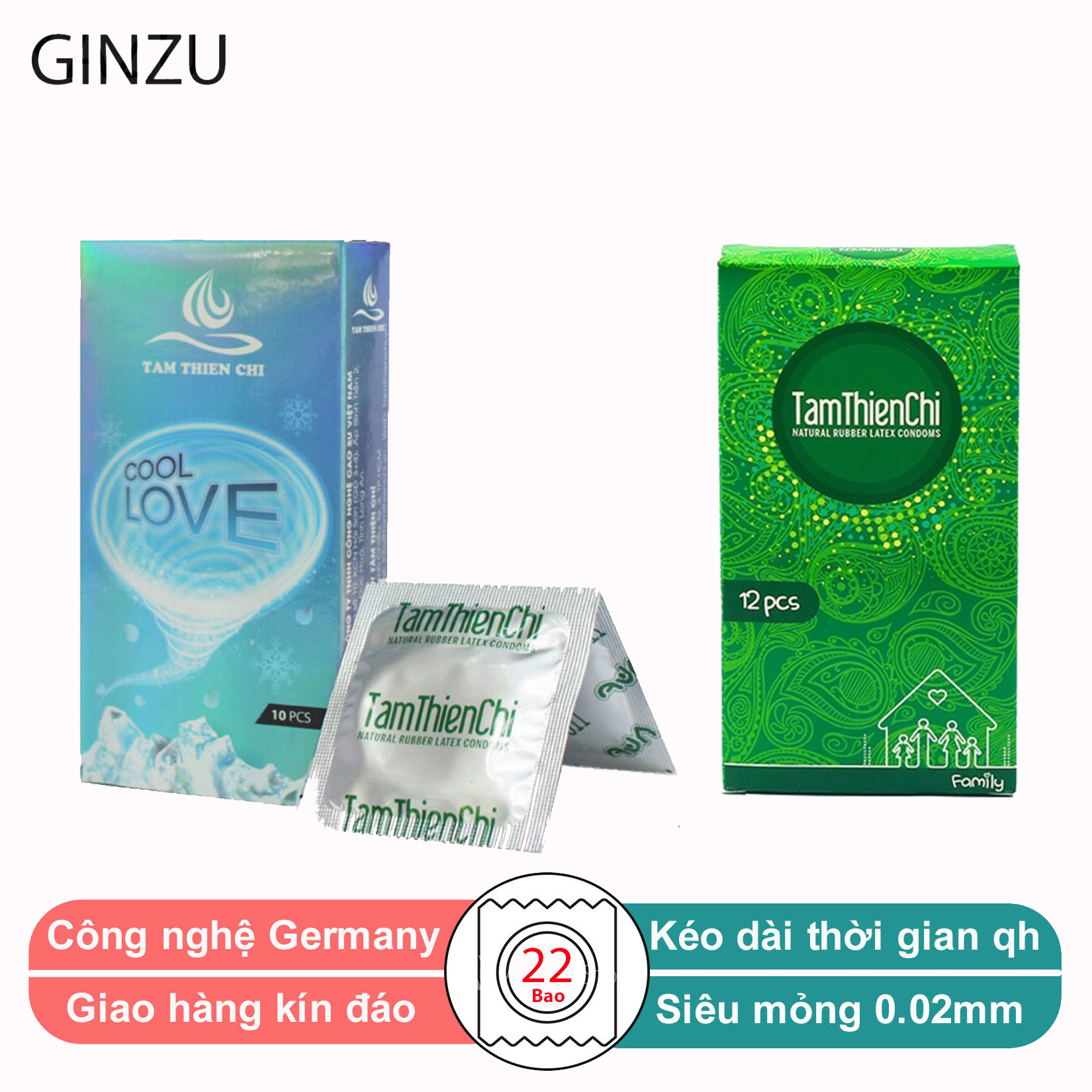 Combo 1 hộp Bao cao su an toàn Tâm thiện chí cooling và 1 hộp family, tinh chất cooling kéo dài thời gian quan hệ, bcs siêu mỏng tận hưởng trọn cảm xúc GINZU