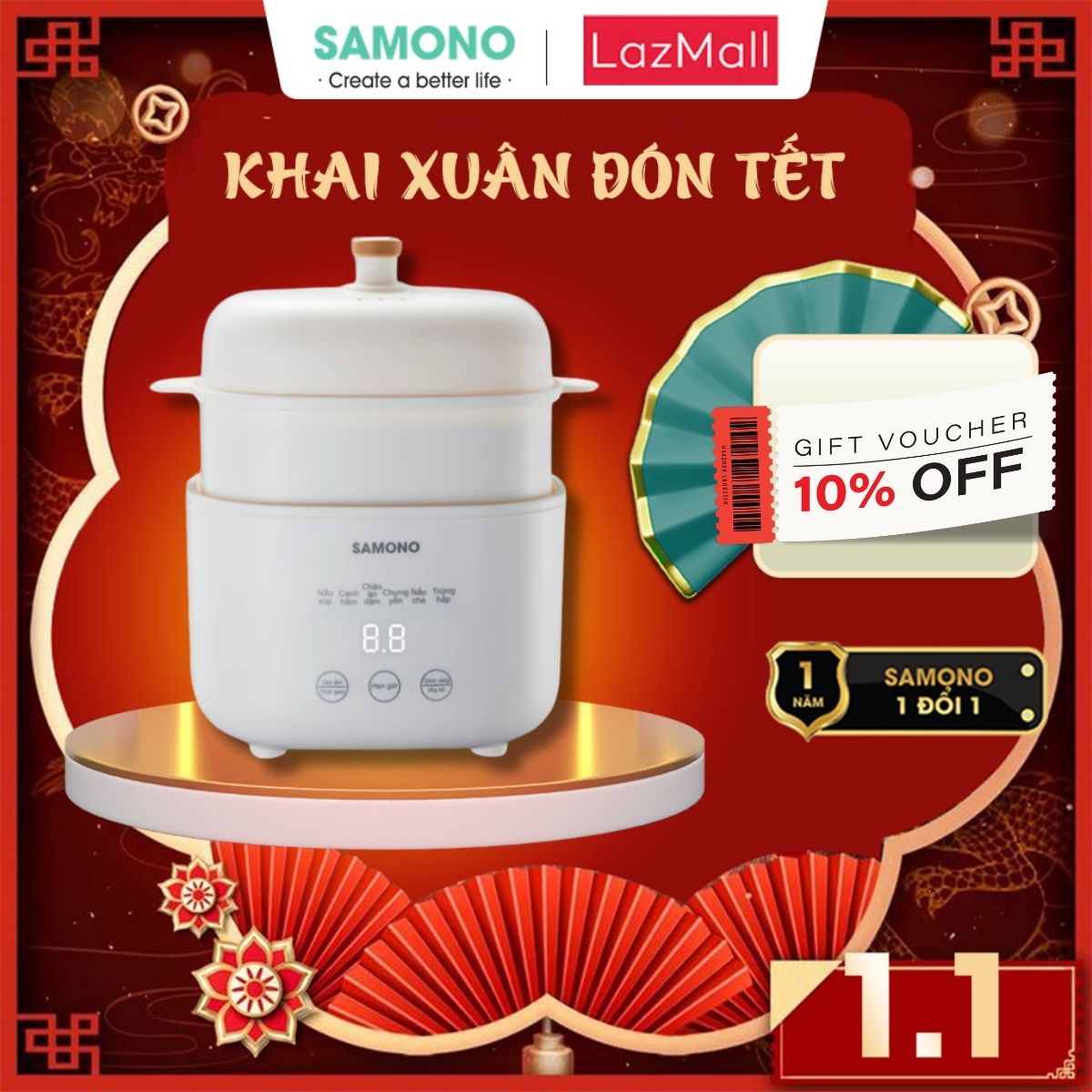 (BH 1 Năm)Nồi nấu chậm đa năng 1L Samono SW-SC10, kèm lồng hấp, nấu cháo, hầm, chưng yến, giúp chín đều thức ăn giữ nguyên dinh dưỡng, nồi sứ đạt chuẩn an toàn, đế chống trượt - Hàng chính hãng