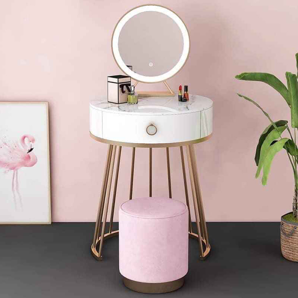 Bộ bàn trang điểm tròn phòng ngủ 1 ngăn kéo Rosalba ghế đôn có gương, mặt gỗ MDF sơn PU, chân sắt sơn tĩnh điện, tùy chọn màu sắc, gia công tỉ mỉ