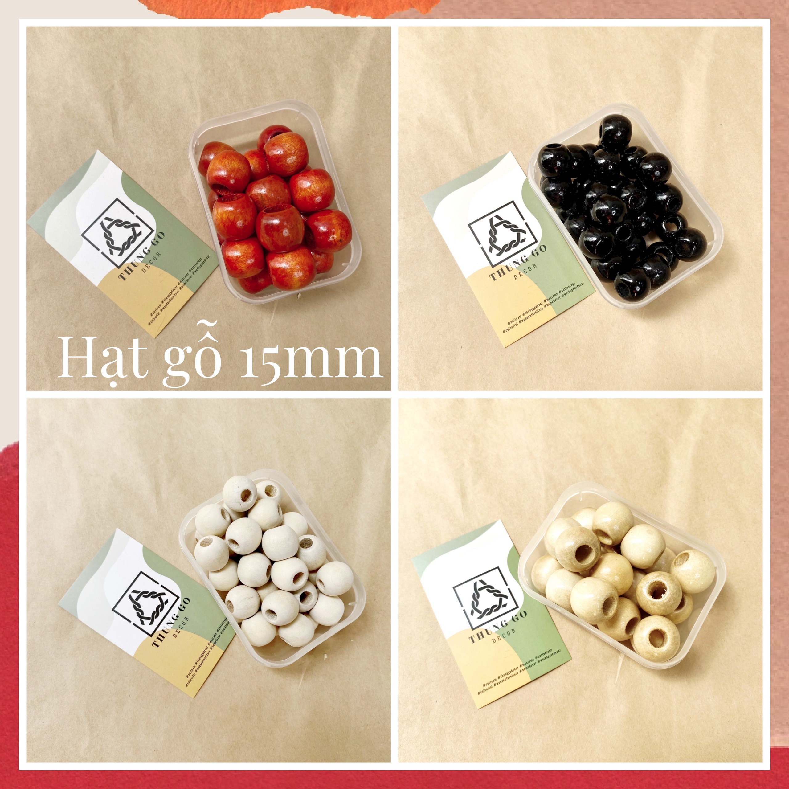 Hạt tròn gỗ nhiều màu fi 15 bịch 10 viên