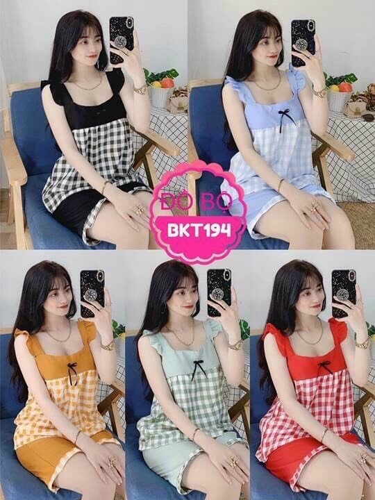 Đồ bộ nữ ngắn caro hai dây siêu xinh, vải kate lụa mềm mại, freesize dưới 58kg