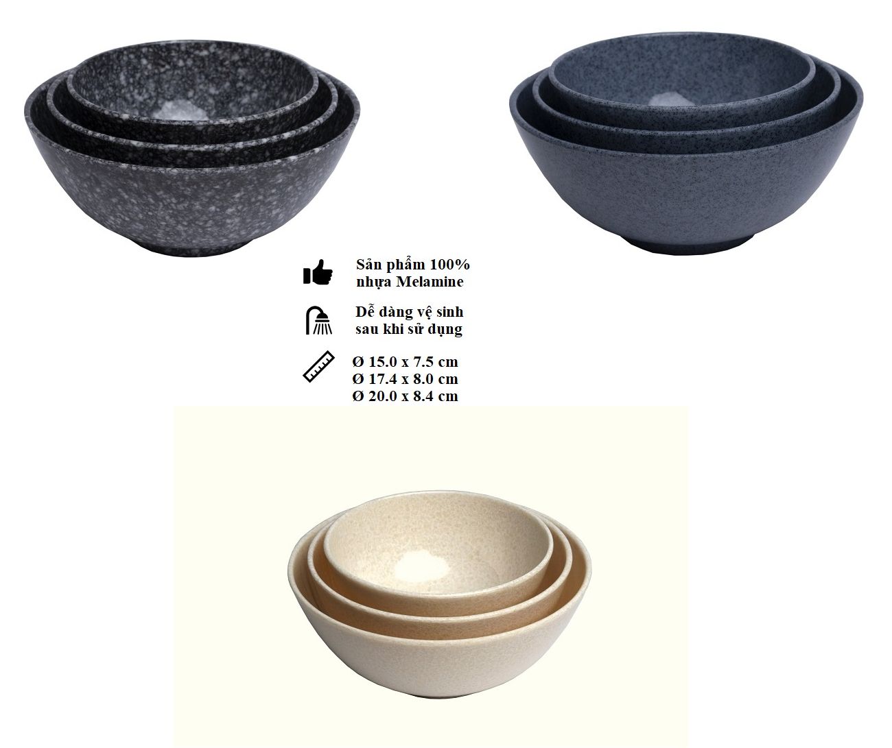 Tô tròn to nhựa Melamine vân đá đen/xanh/trắng
