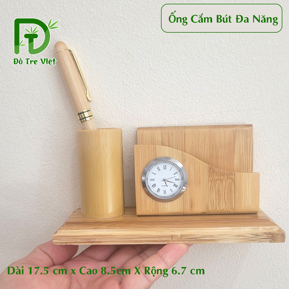 Ống cắm bút đa năng để bàn có đồng hồ bằng tre