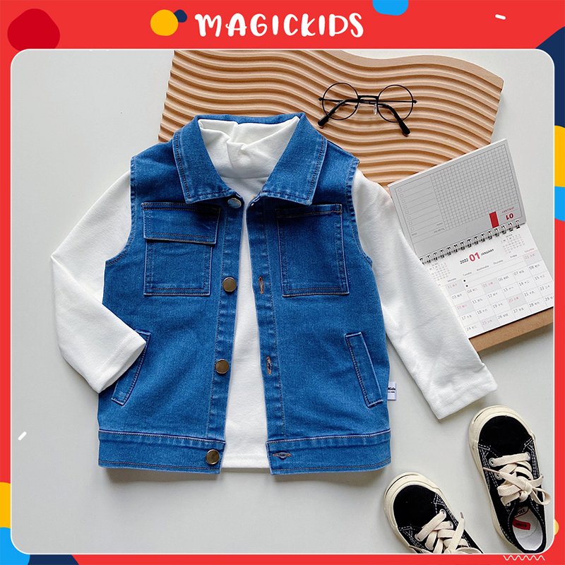 Áo khoác gile jeans bò mềm cho bé trai Magickids Áo khoác mùa đông dày dặn giữ ấm cho bé AO21015