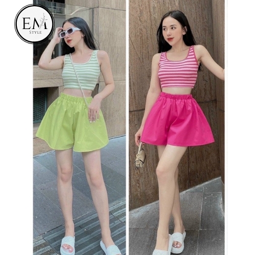 Set thun nữ áo ba lỗ sọc và quần short ống rộng siêu xinh EM Style