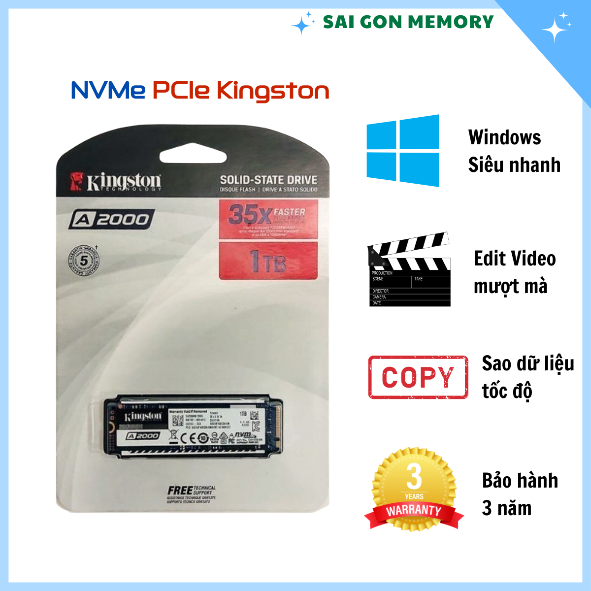 Ổ cứng ssd kingston 250gb / 500gb nvme a2000 m.2 pcie gen3 x4. tốc độ cao, win nhanh 8 giây