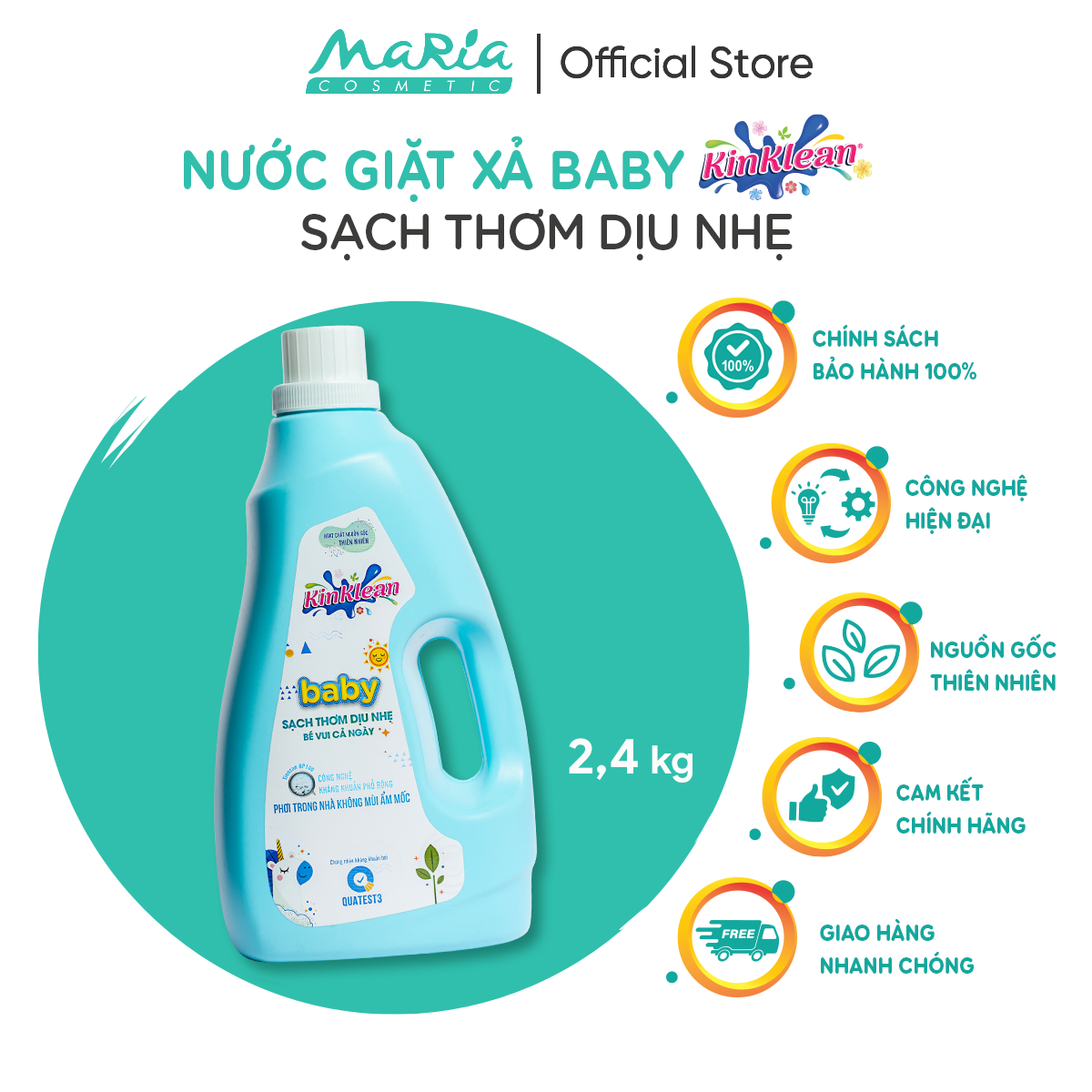 Nước giặt Baby kháng khuẩn KinKlean sạch thơm dịu nhẹ, an toàn cho da bé 2.4kg